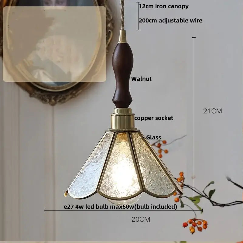 Vintage-style antique glass led pendant lamp with dark walnut iron canopy brass socket and ornate etched glass shade