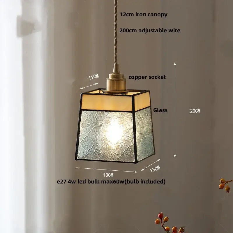 Square-shaped antique glass led pendant lamp with embossed patterns, black metal edges, and copper socket canopy