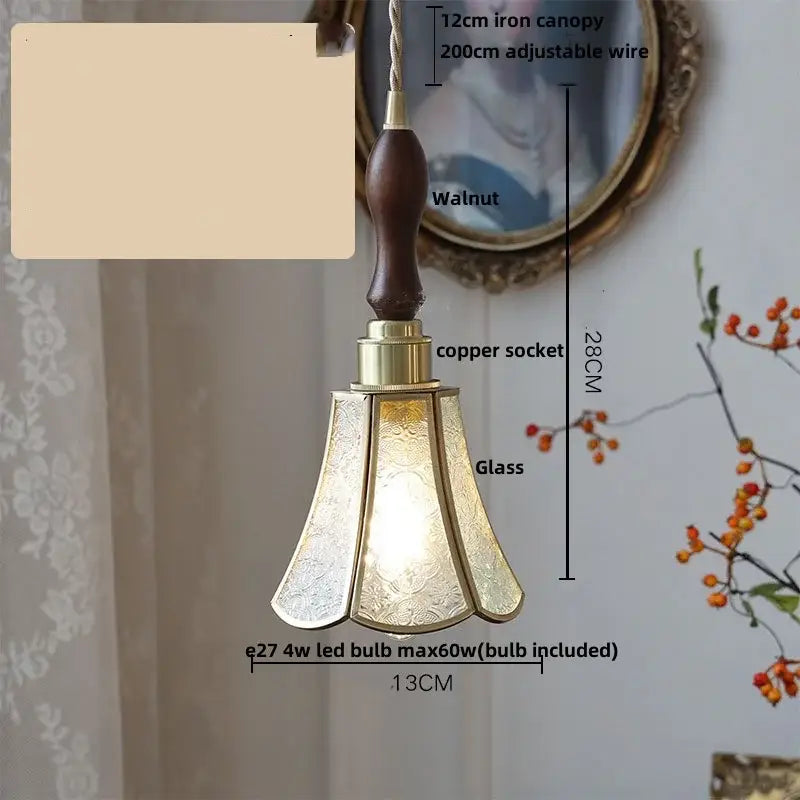 Antique gold petal glass led pendant lamp with dark walnut handle and brass copper socket featuring etched patterns