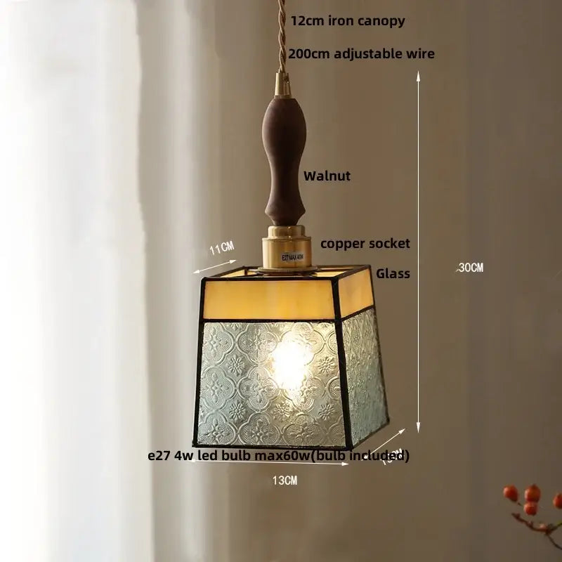 Square-shaped glass led pendant lamp with antique gold petal textured finish and walnut handle for kitchen lighting
