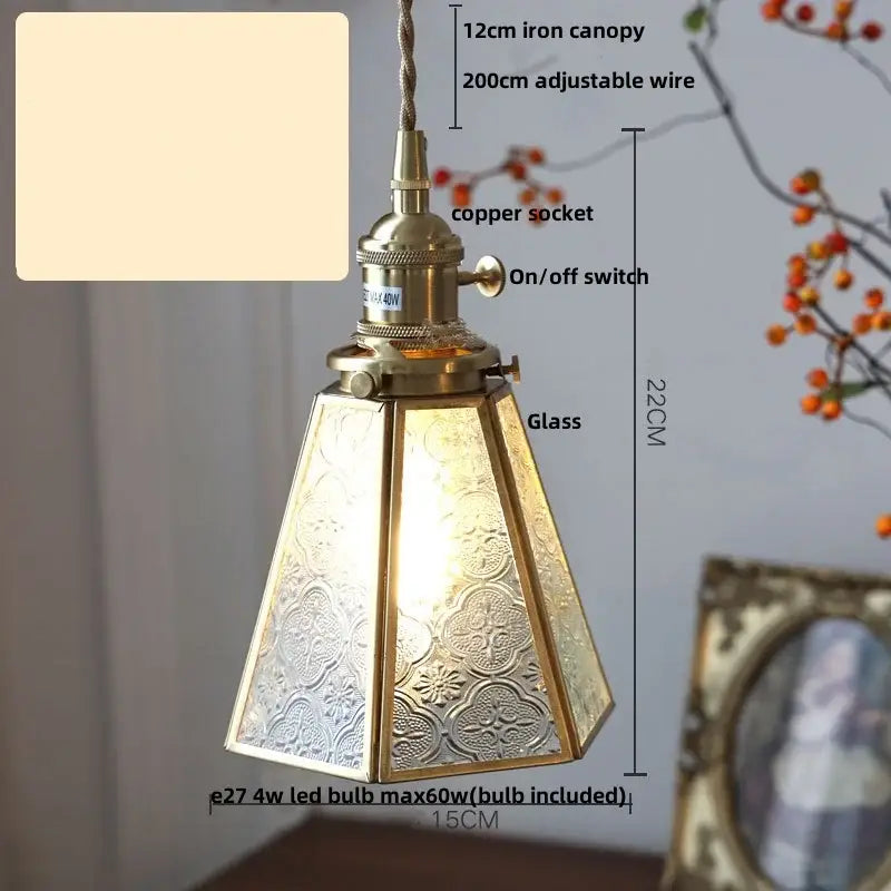 Antique gold glass led pendant lamp with hexagonal embossed floral shade and adjustable brass iron canopy