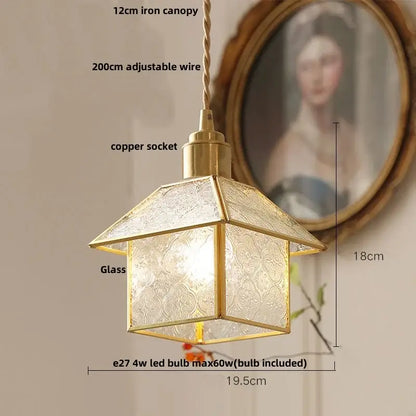 Antique gold petal glass led pendant lamp with brass frame and hexagonal etched glass panels for kitchen lighting
