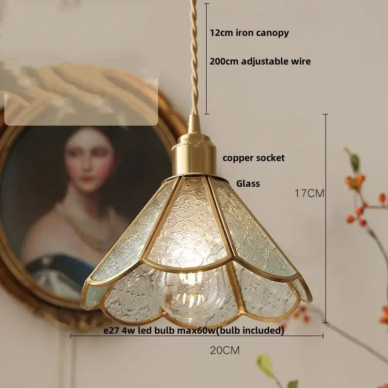 Antique gold petal glass led pendant lamp with brass-finished copper socket and etched frosted glass panels