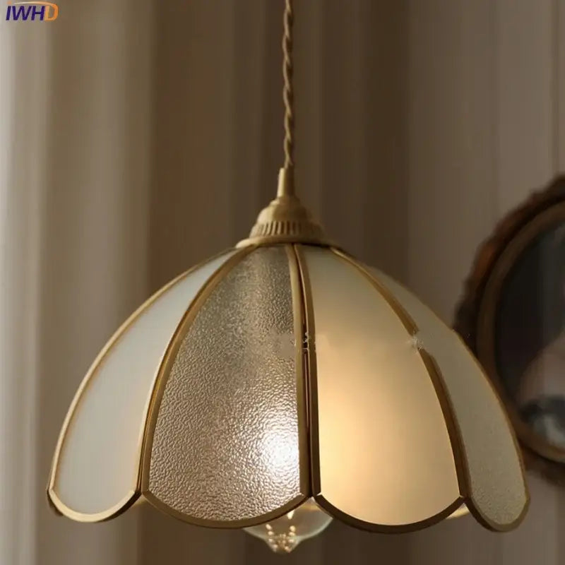 Antique gold petal glass led pendant lamp with frosted textured glass shade for kitchen lighting fixture