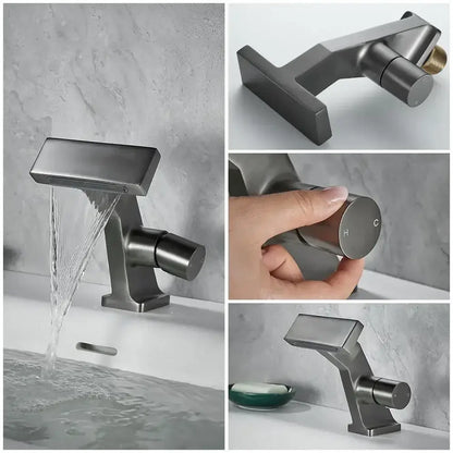 Modern matte black single hole bathroom faucet with waterfall spout and single handle for temperature control