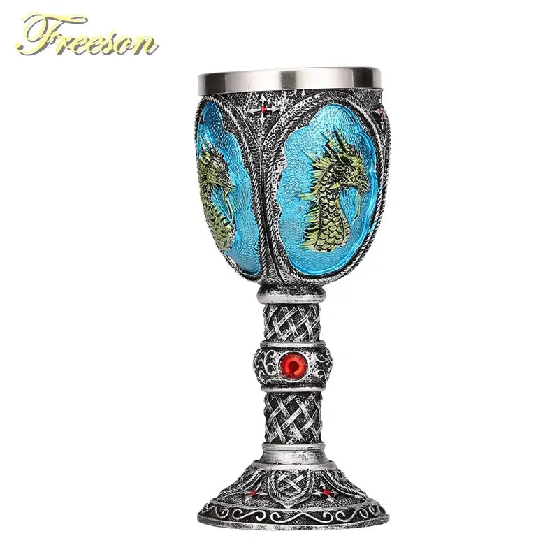 Antique gothic silver dragon king goblet with turquoise panels and red gemstone accent from decorbites dragon king collection