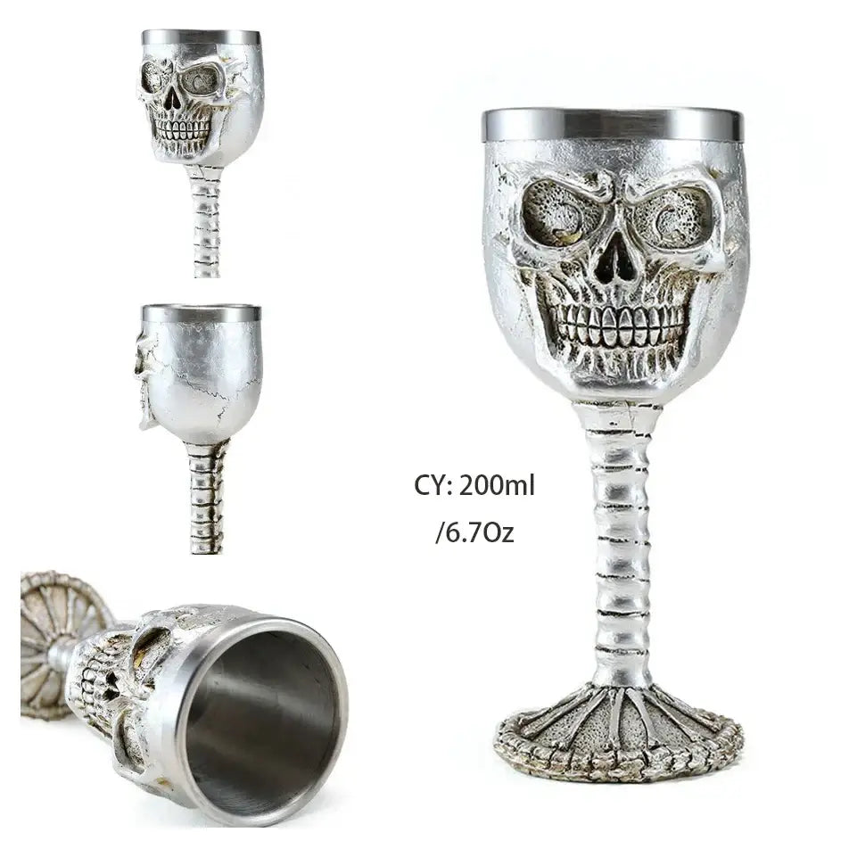 Silver skull-shaped dragon king goblet with textured metallic finish and ribbed stem for decorbites dragon king decorbites dragon