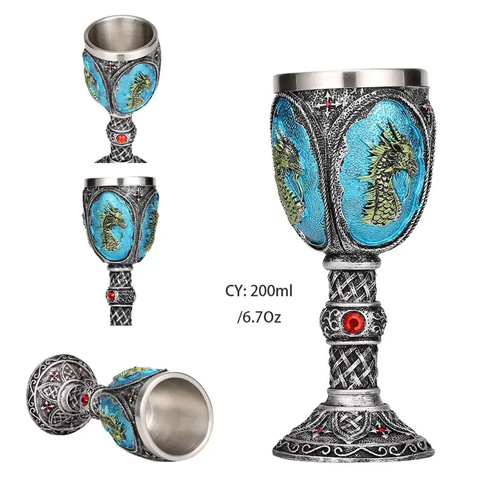 Antique gothic silver dragon king goblet with intricate celtic knotwork and turquoise dragon motifs by decorbites dragon king