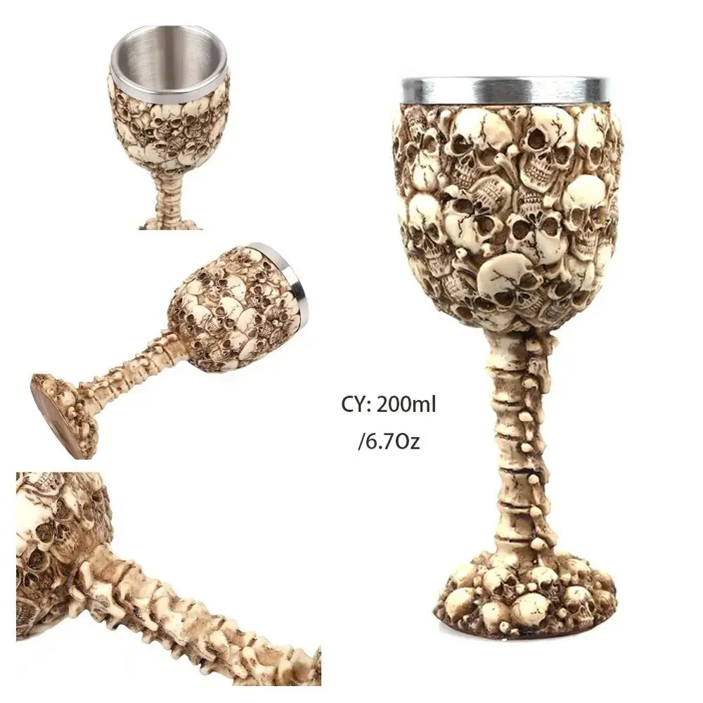 Antique gothic silver dragon king goblet with beige skull pattern bone stem and metallic rim for whiskey decorbites dragon king