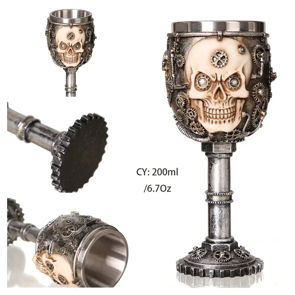 Antique gothic silver dragon king goblet with steampunk skull design bronze gears and metallic silver rim by decorbites dragon king