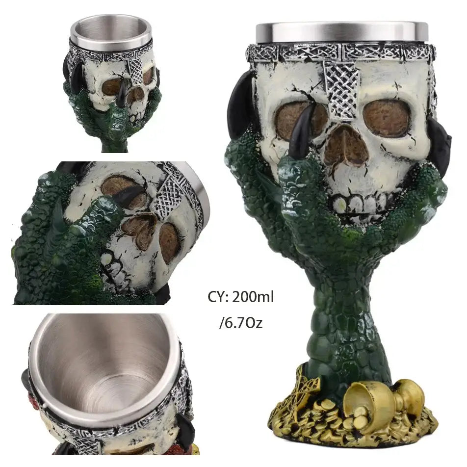 Antique gothic silver dragon king goblet featuring a white skull cup with green scaly dragon hands decorbites dragon king
