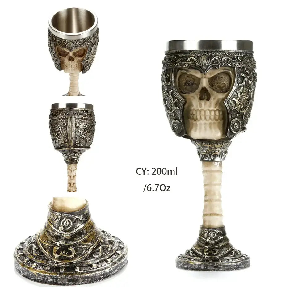Antique gothic silver dragon king goblet with skull design and metallic silver rim for whiskey by decorbites dragon king