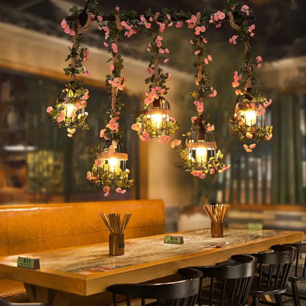 DecorBites™ antique metal island chandelier with 5 light pink cherry blossom pendant ceiling lights with vines