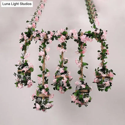DecorBites™ antique metal island chandelier ceiling light with 5 light pink cherry blossom heads and green floral garland