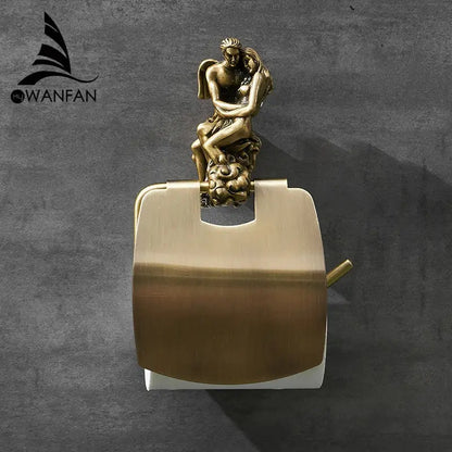 Antique ornate bronze toilet paper holder with brass angel and woman sculpture on brushed metal cylindrical body