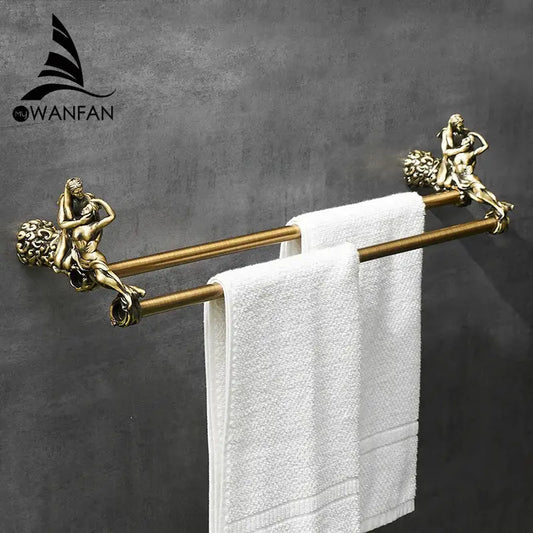 Antique ornate gold and silver brass double towel bars with classical figure ends for bathroom use