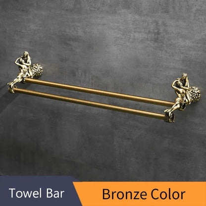 Bronze double towel bars with ornate sculpted figures at each end for bathroom use in antique gold and silver brass style