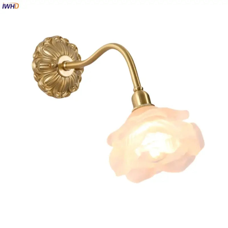 Antique brass wall lamp with decorbites copper arm and delicate pink rose glass shade for bedroom decorbites copper arm led