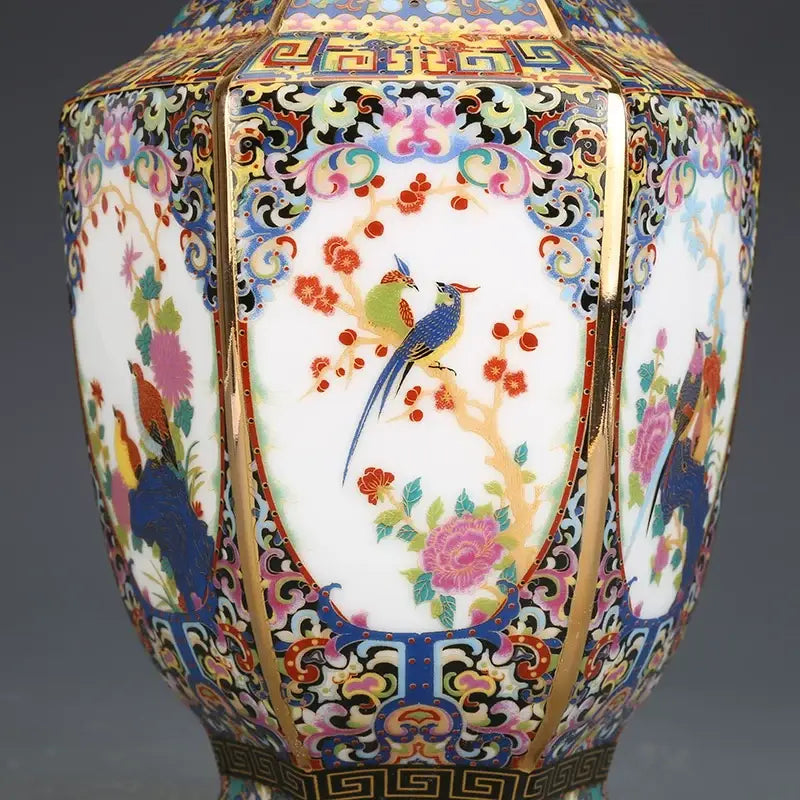 Antique hexagonal porcelain vase with vibrant hand-painted birds and blossoms in a traditional chinese style from porcelain vase collection