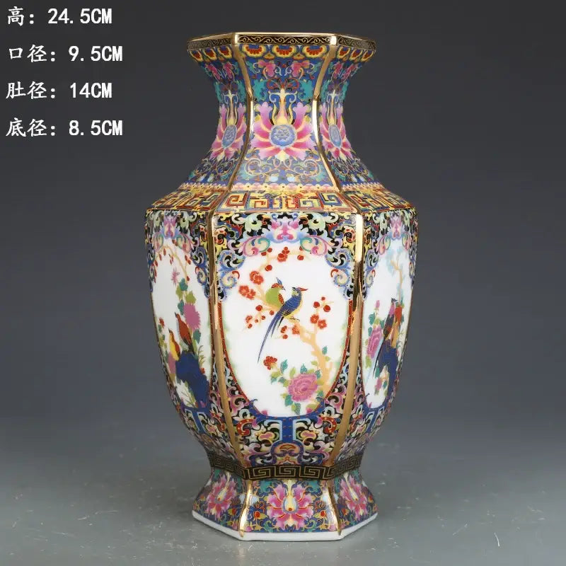 Antique hexagonal porcelain vase with colorful enamel bird and flower paintings in porcelain vase collection