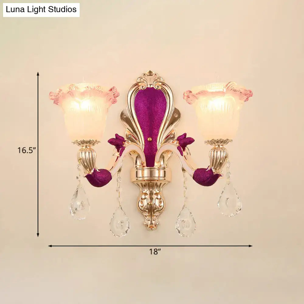 Antique purple and gold double head mount light fixture with crystal droplets for bedroom wall sconce lighting