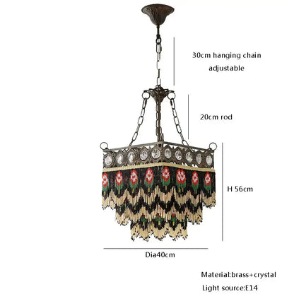 Antique retro black rose tassel pendant lights featuring brass chandelier with crystal accents and floral bead fringe
