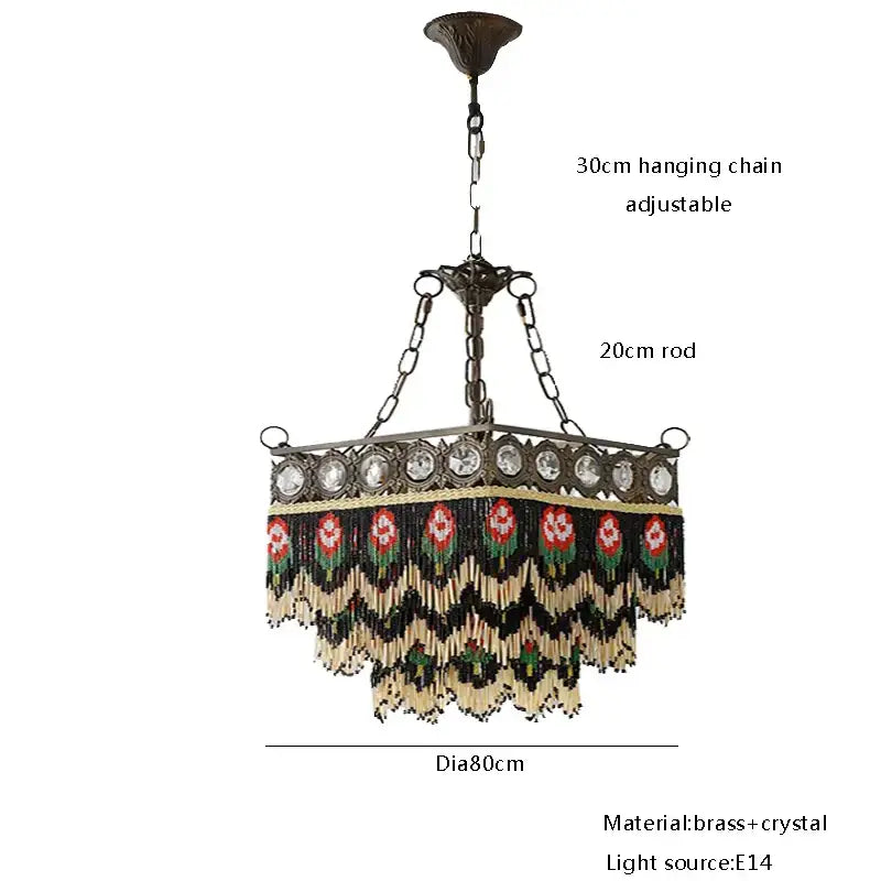 Antique retro brass chandelier pendant lights with decorbites black rose tassel and decorative beaded fringe for living room