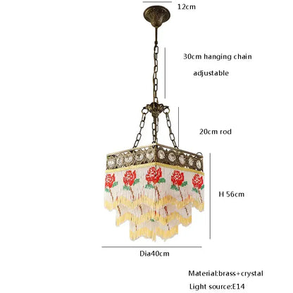 Antique retro black rose tassel pendant lights with brass and crystal chandelier featuring red green and cream floral fringe decorbites black rose
