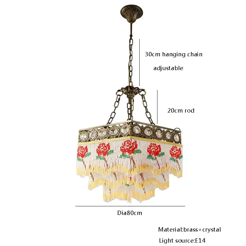 Antique retro black rose tassel pendant lights with brass hexagonal shade, red floral embroidery, yellow fringe, and crystal accents