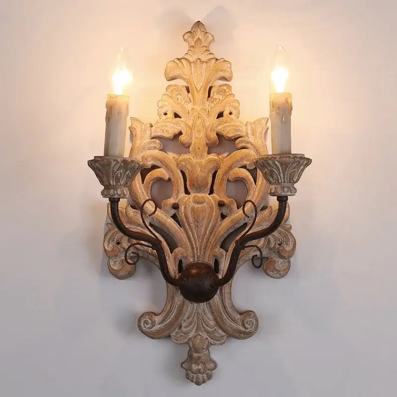Antique solid wood wall lamp with ornate distressed wood and wrought iron details for decorbites elegant solid decor