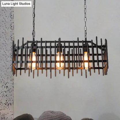 DecorBites™ antique style black metal wire cage island light with three exposed Edison bulbs for farmhouse decor