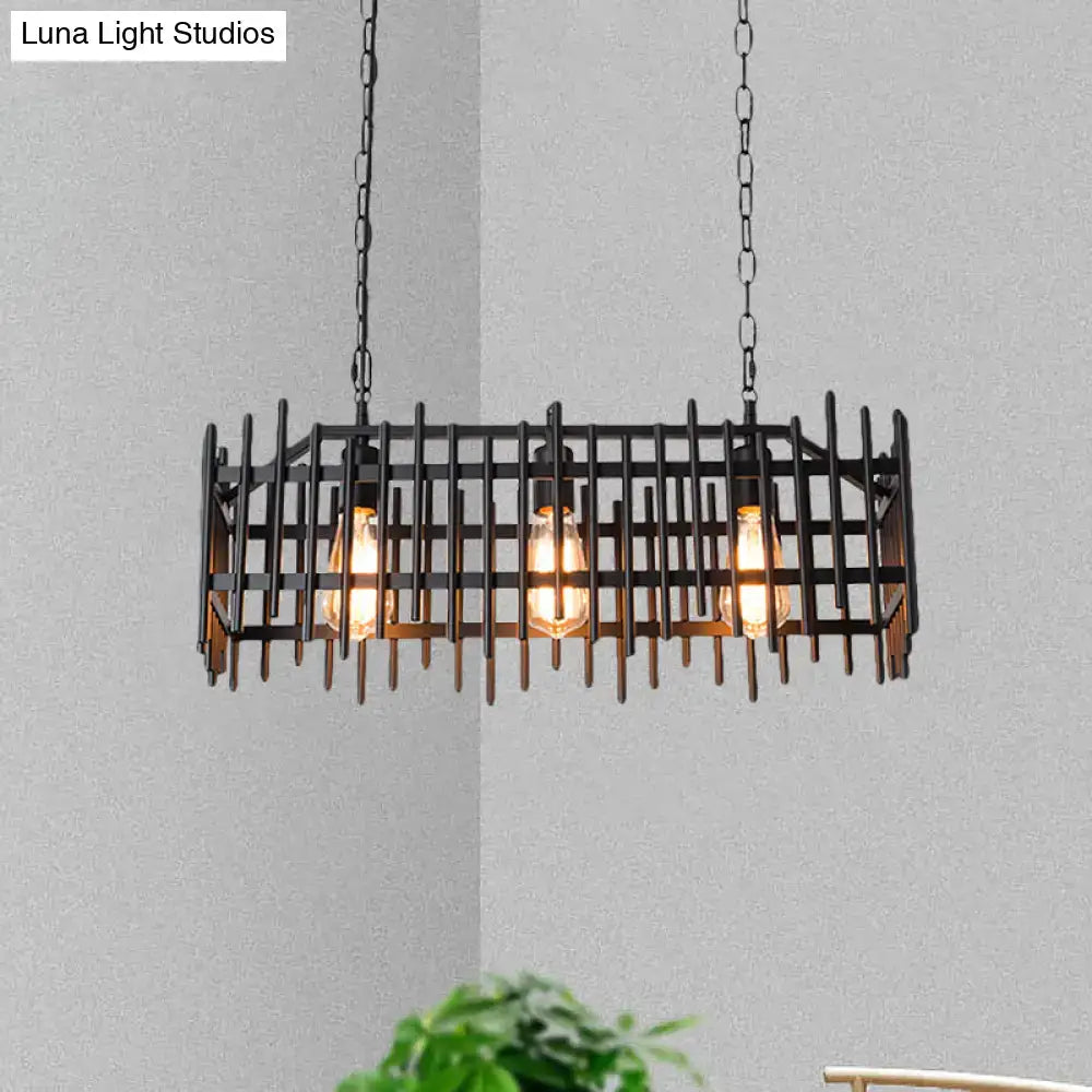 Decorbites metallic wire cage island light featuring an antique style black metal chandelier with three exposed filament bulbs
