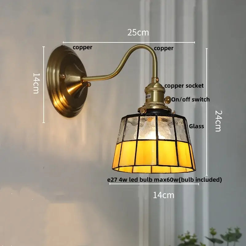 Antique teal glass and brass wall light fixture with vintage copper sconce and amber stained glass shade for bedroom use