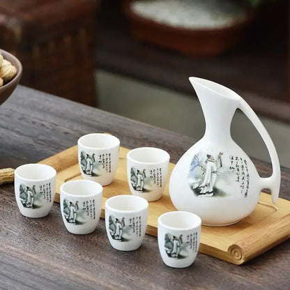 Antique white ceramic warming container tea set with black ink classical illustrations and cherry blossom decorbites ceramic wine design