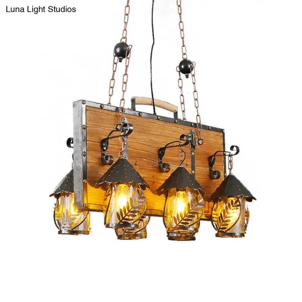Decorbites antique white dining room chandelier with metal arms and four amber glass lanterns with leaf etchings