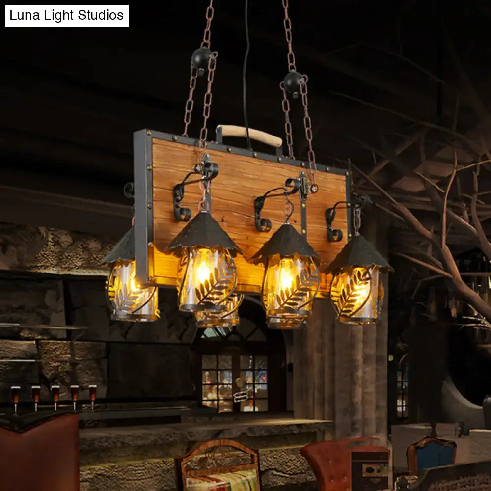 Decorbites antique white dining room chandelier with six metal arms and four hanging amber glass lanterns with leaf etchings