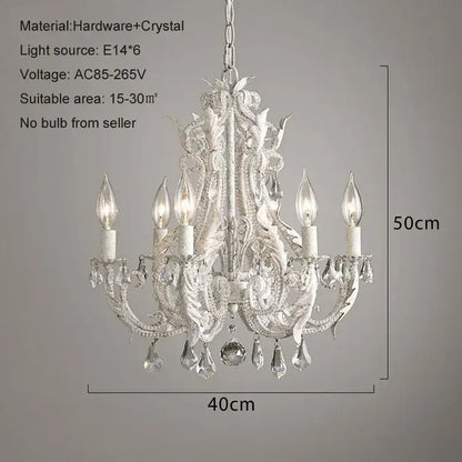 Elegant antique white iron crystal chandelier with intricate floral hardware and five candle-style lights for dining room decorbites iron crystal lighting