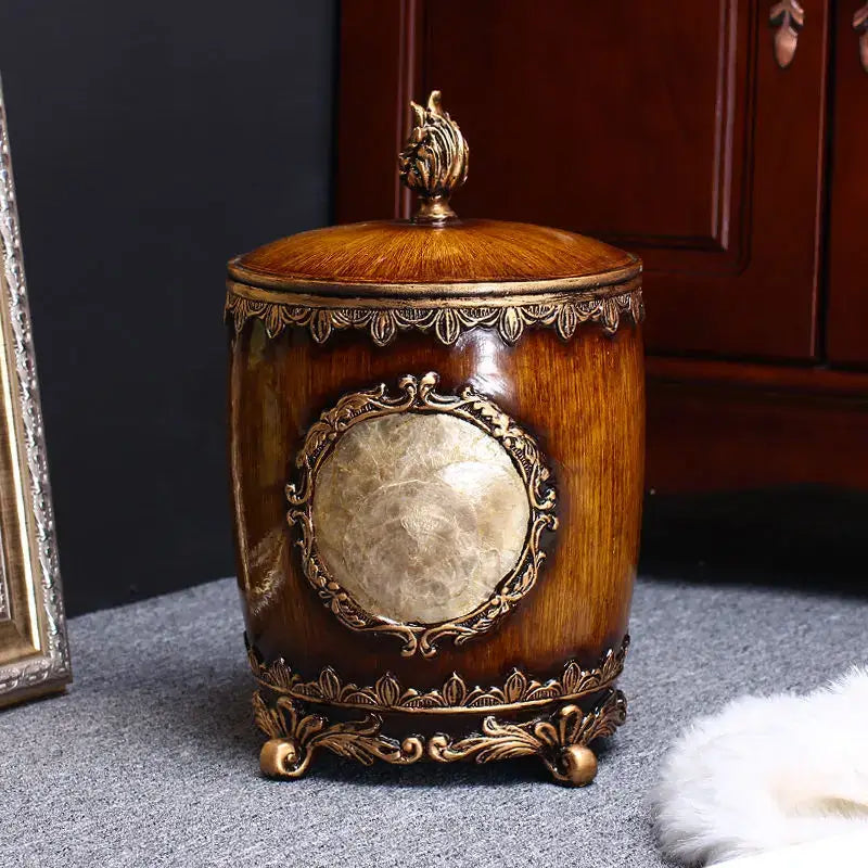 Antique wood and gold covered trash can with horse-head finial for decorbites living room decor