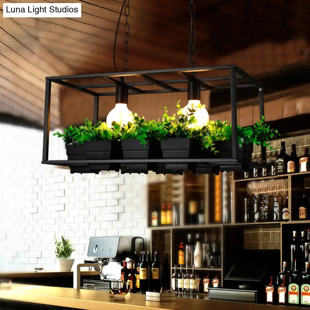 Decorbites antiqued black metal island lamp with two exposed bulbs and black white ceiling light planter box