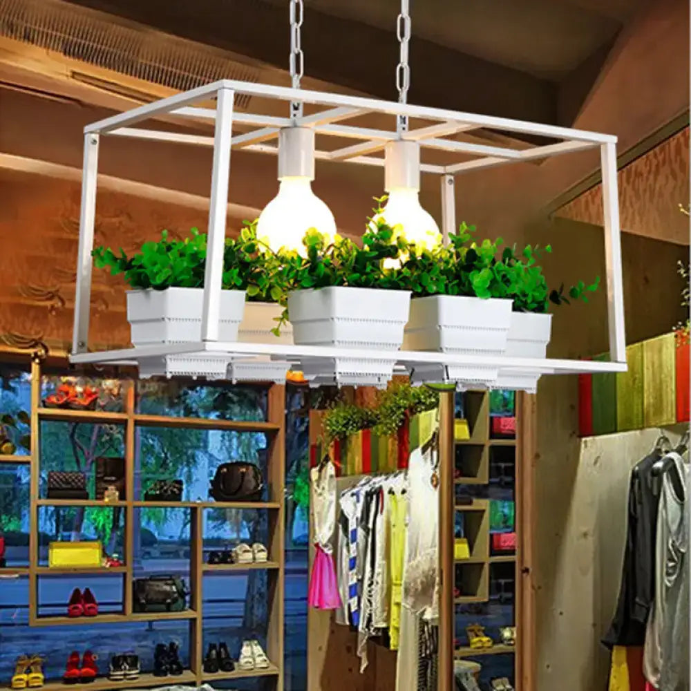 White metal cube island lamp with integrated planters and exposed bulbs black white ceiling light for restaurants
