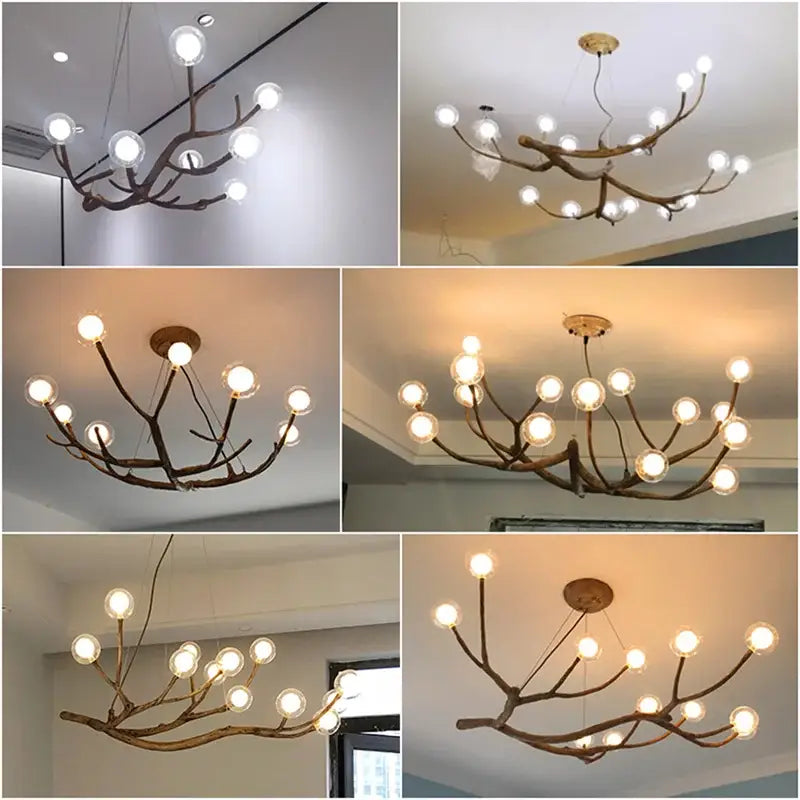 Rustic brown antler style pendant light with multiple spherical glass bubble led bulbs for dining room decorbites