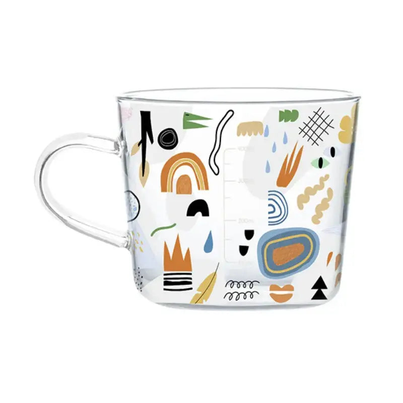 Clear glass mug with apricot and orange colorful abstract pattern 500ml glass mug for kitchen breakfast use