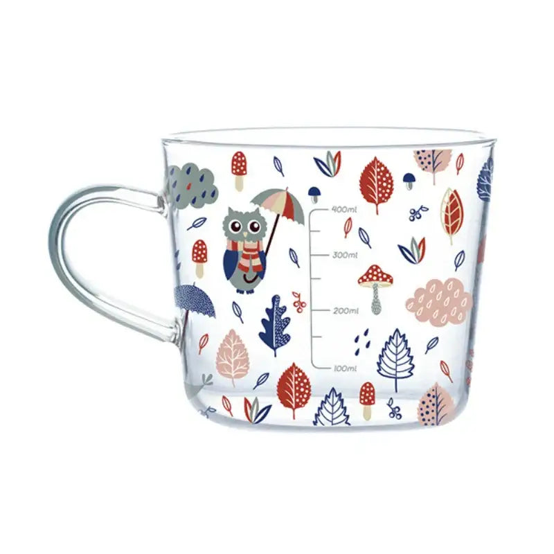 Clear glass 500ml glass mug with whimsical forest owl umbrella design and apricot orange pattern for kitchen use