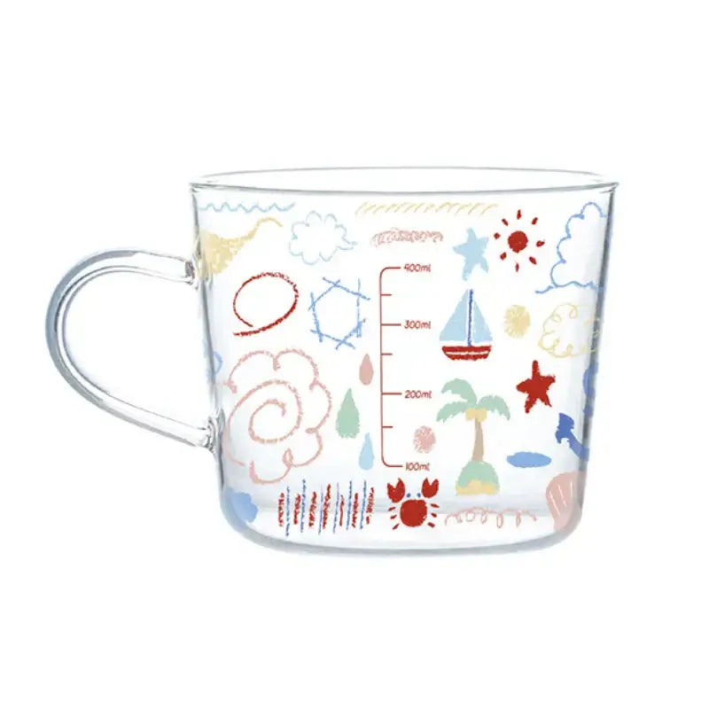 Apricot and orange pattern 500ml glass mug with colorful seaside illustrations and measurement markings for kitchen use