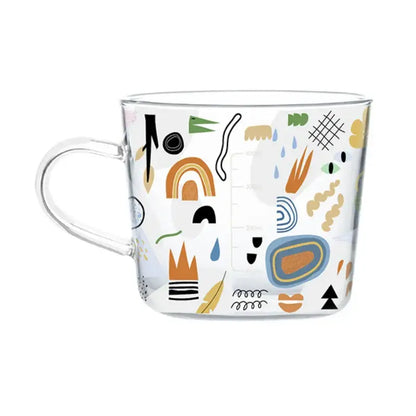 Clear glass 500ml glass mug with apricot and orange abstract pattern for kitchen breakfast use