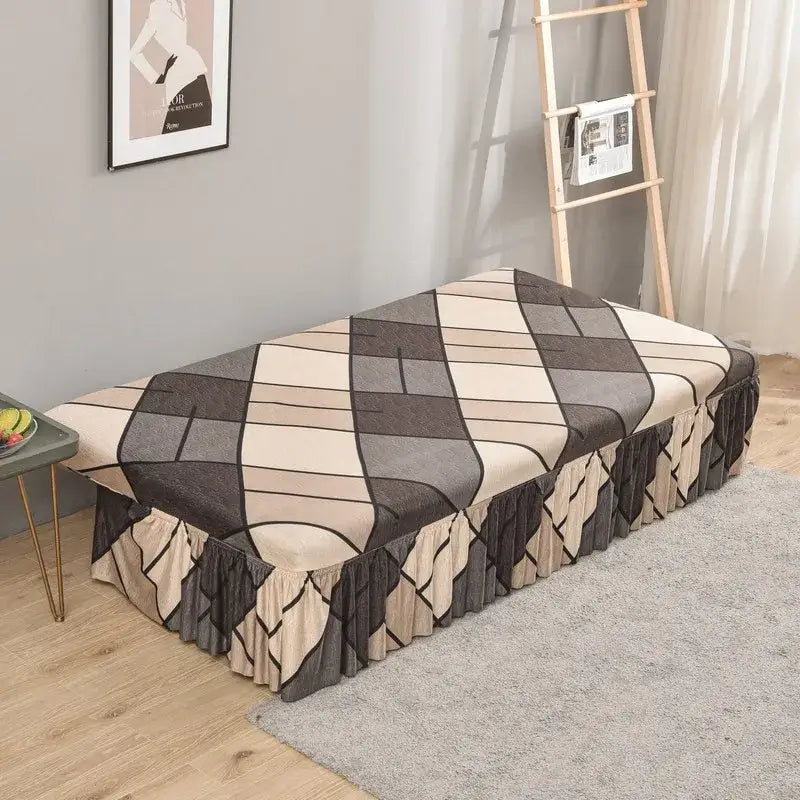 Cozy argyle beige and dark gray elastic armless futon sofa cover with ruffled bed skirt for living room use