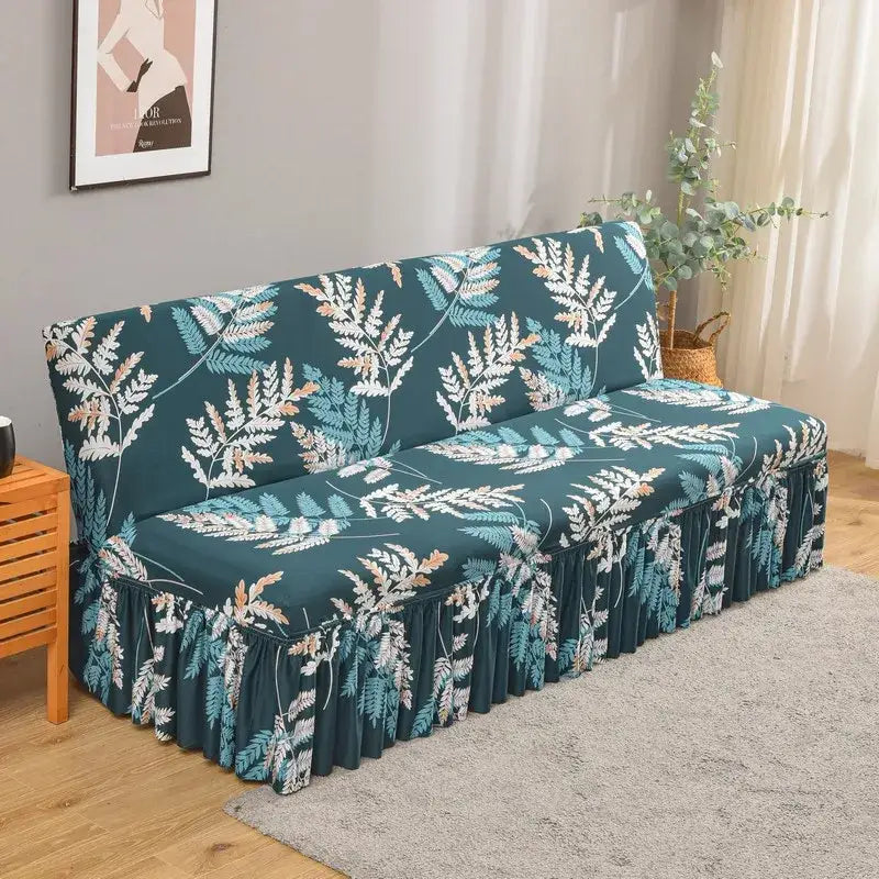 Teal fern-patterned elastic armless futon sofa cover with ruffled hem for armless futon bed in living room