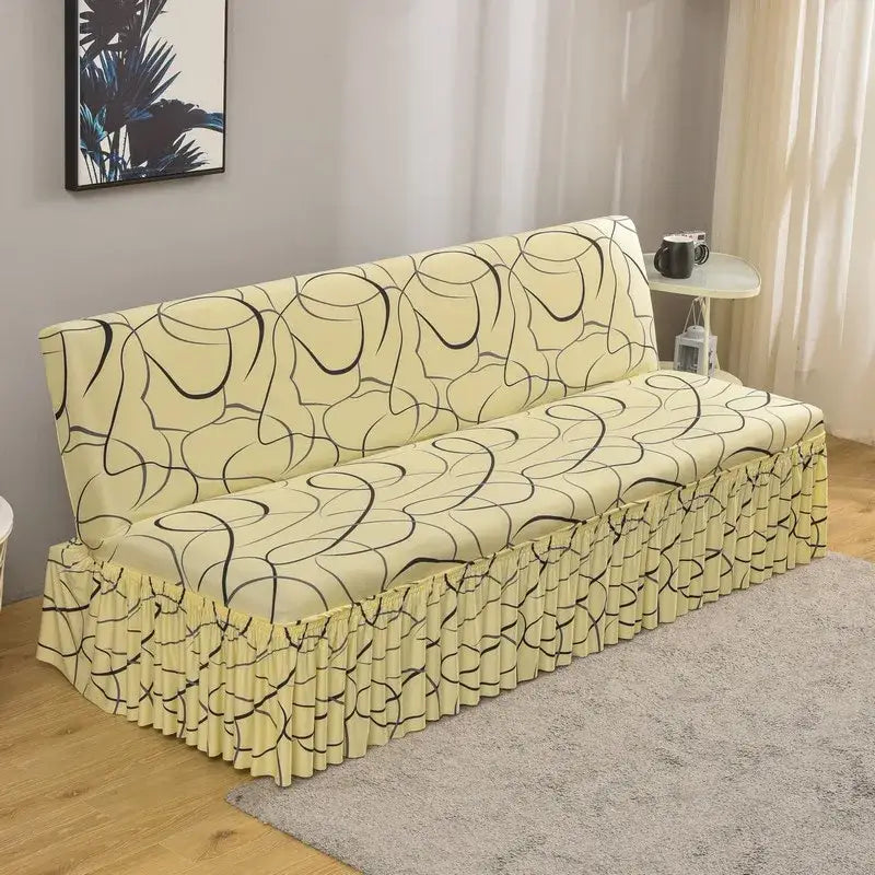 Beige argyle elastic armless futon sofa cover with black abstract lines and ruffled hem for living room use