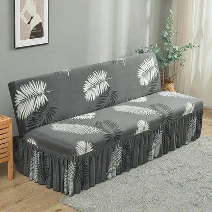 Gray sofa cover with white and black palm leaf pattern and ruffled hem for argyle beige elastic armless futon bed