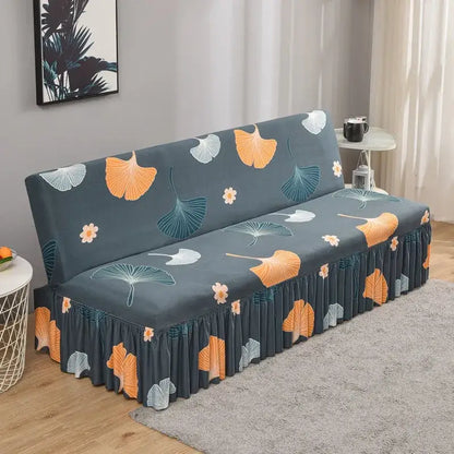 Dark gray elastic armless futon sofa cover with orange teal white ginkgo leaf pattern for living room use